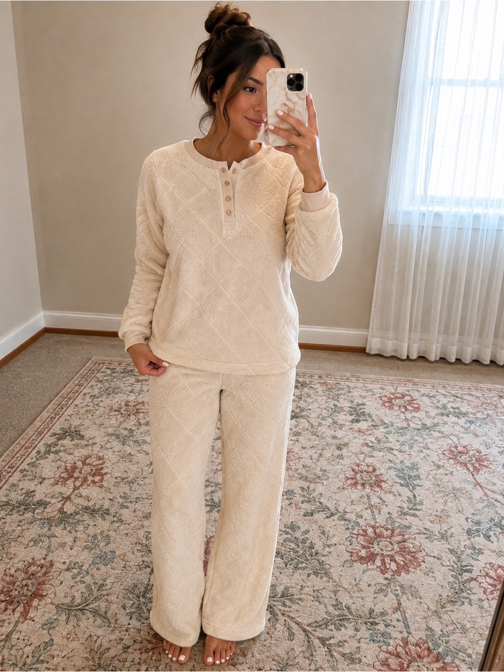 Vince Camuto Cream Plush Henley Pajama Set